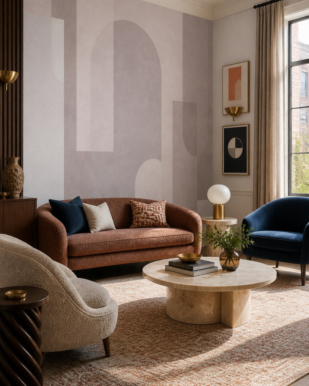 Pastel geometric shapes wallpaper in a designer living room.
