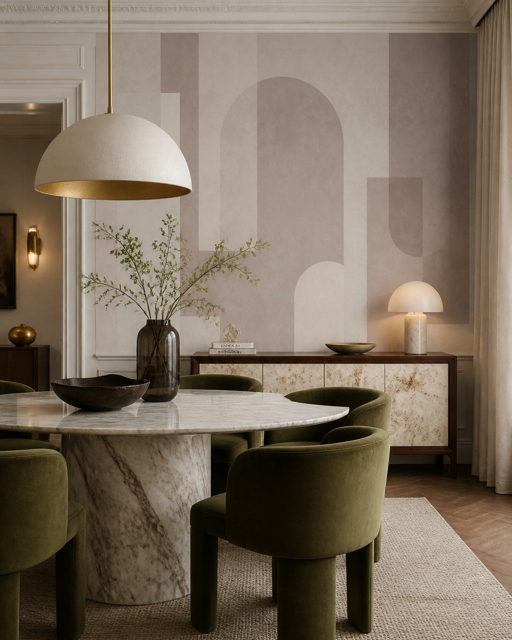 Pastel geometric shapes wallpaper in a refined dining area.