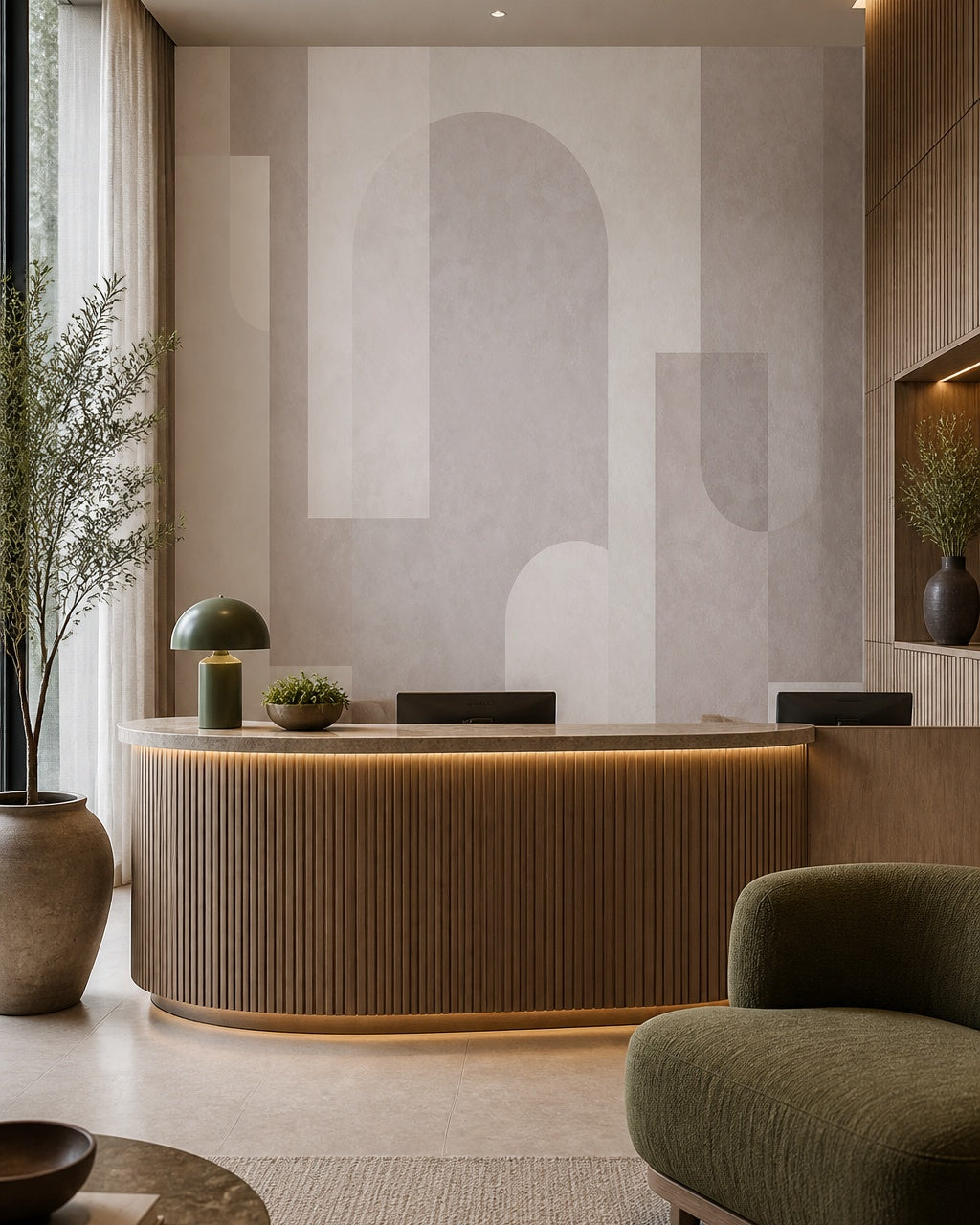 Pastel geometric shapes wallpaper at a hotel reception desk.