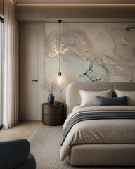 Sage and gold marble wallpaper in a designer bedroom.