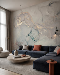 Sage and gold marble wallpaper in a designer living room.