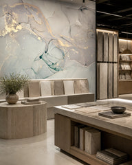 Sage and gold marble wallpaper in a design showroom.