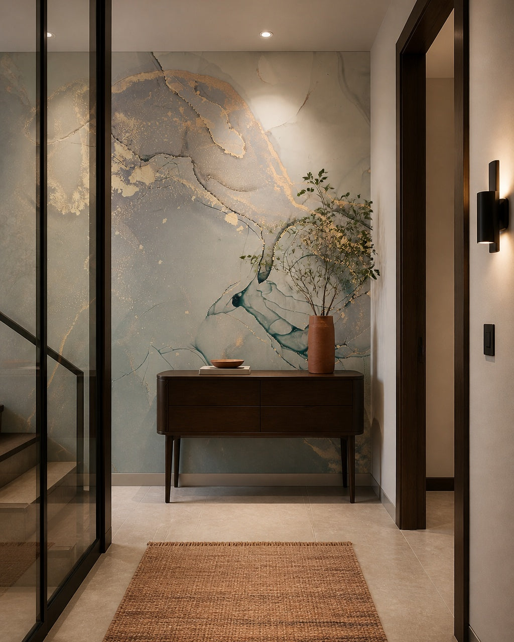 Sage and gold marble wallpaper in an architectural hallway.