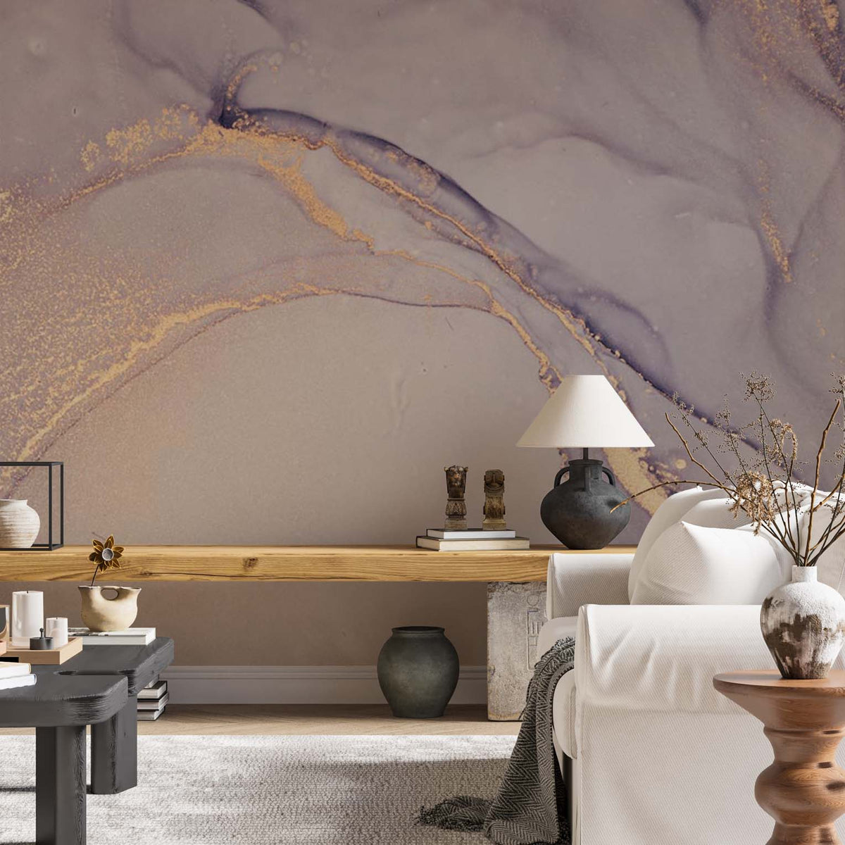 Custom Beige Violet Marble Wall Mural Art Liquid Ink Texture Abstract Wallpaper