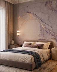 Lilac and beige marble wallpaper in a designer bedroom.