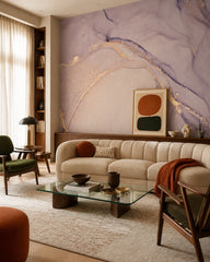 Lilac and beige marble wallpaper in a designer living room.