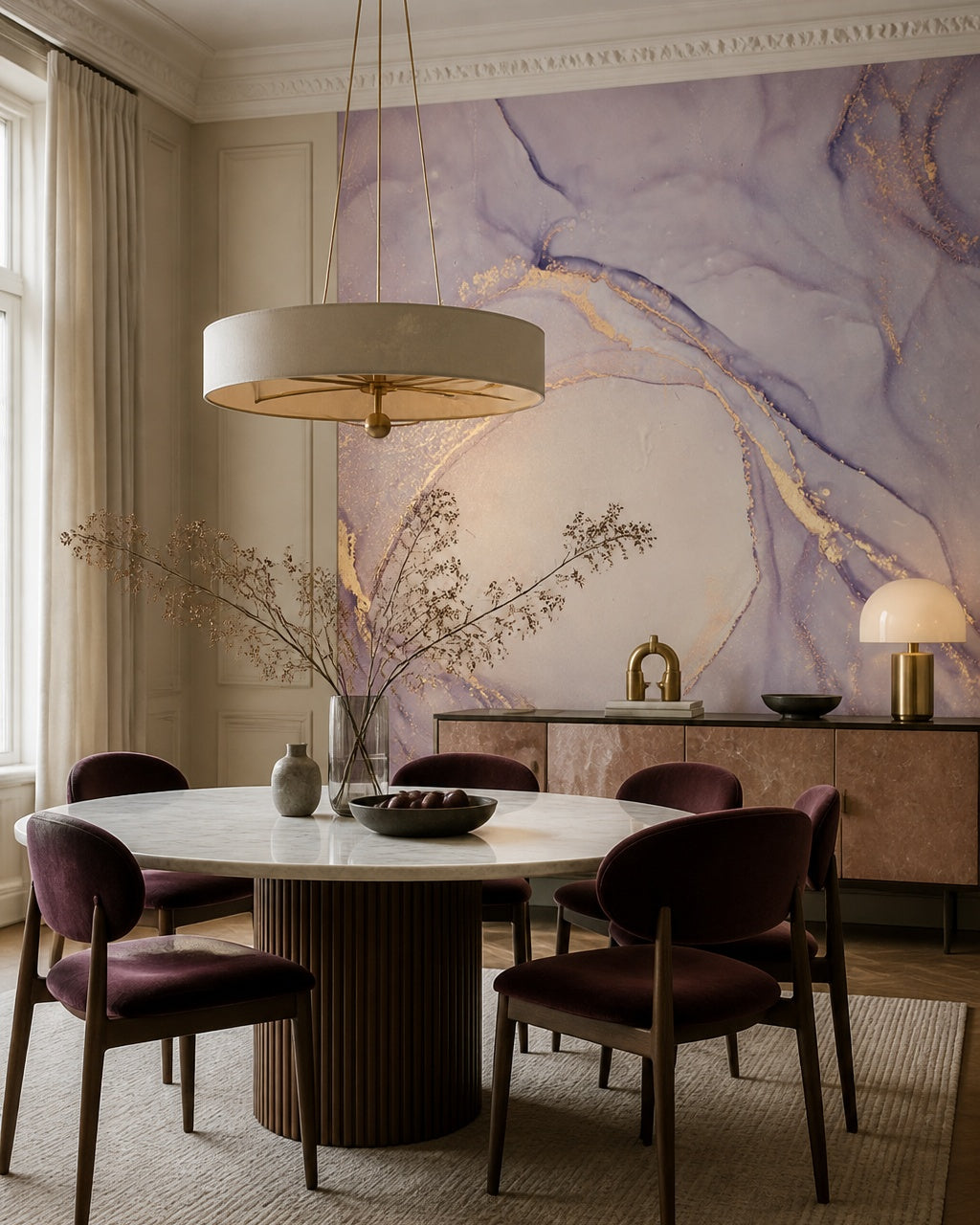 Lilac and beige marble wallpaper in a refined dining area.
