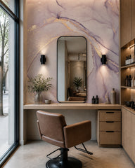 Lilac and beige marble wallpaper in a beauty salon.