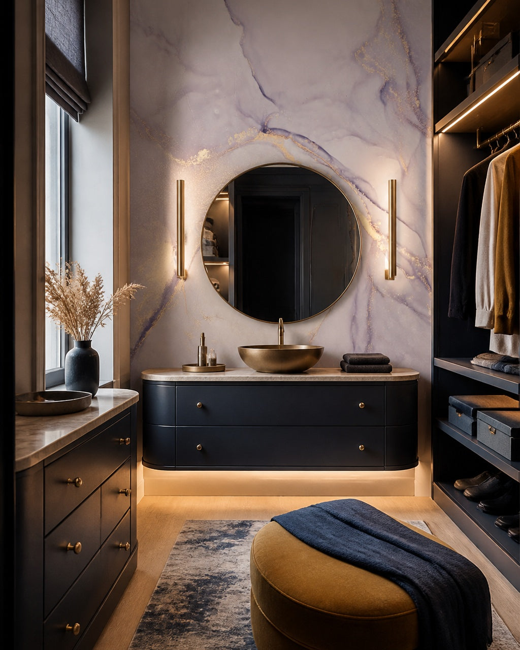 Lilac and beige marble wallpaper in a dressing room.