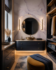 Lilac and beige marble wallpaper in a dressing room.