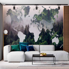 Custom Nature-Inspired World Map Wall Mural Wallpaper with Forest Overlay