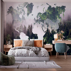 Custom Nature-Inspired World Map Wall Mural Wallpaper with Forest Overlay