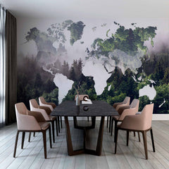 Custom Nature-Inspired World Map Wall Mural Wallpaper with Forest Overlay