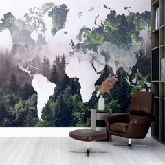 Custom Nature-Inspired World Map Wall Mural Wallpaper with Forest Overlay