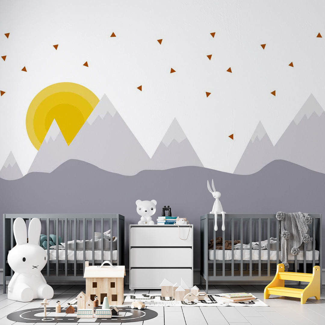 Kids Wall Murals Scandinavian Mountains Yellow Sun Geometric Wallpaper for Kids