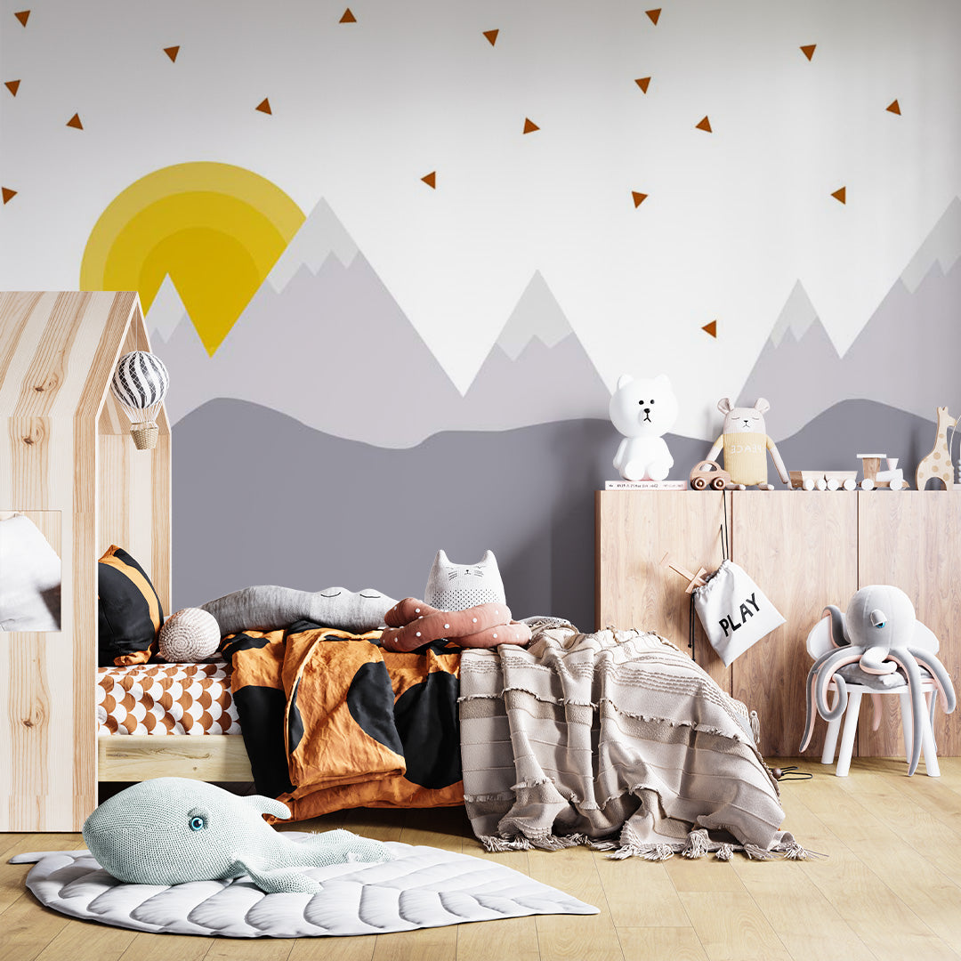 Kids Wall Murals Scandinavian Mountains Yellow Sun Geometric Wallpaper for Kids