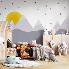 Custom Kids Wall Murals Scandinavian Mountains Yellow Sun Geometric Wallpaper for Kids