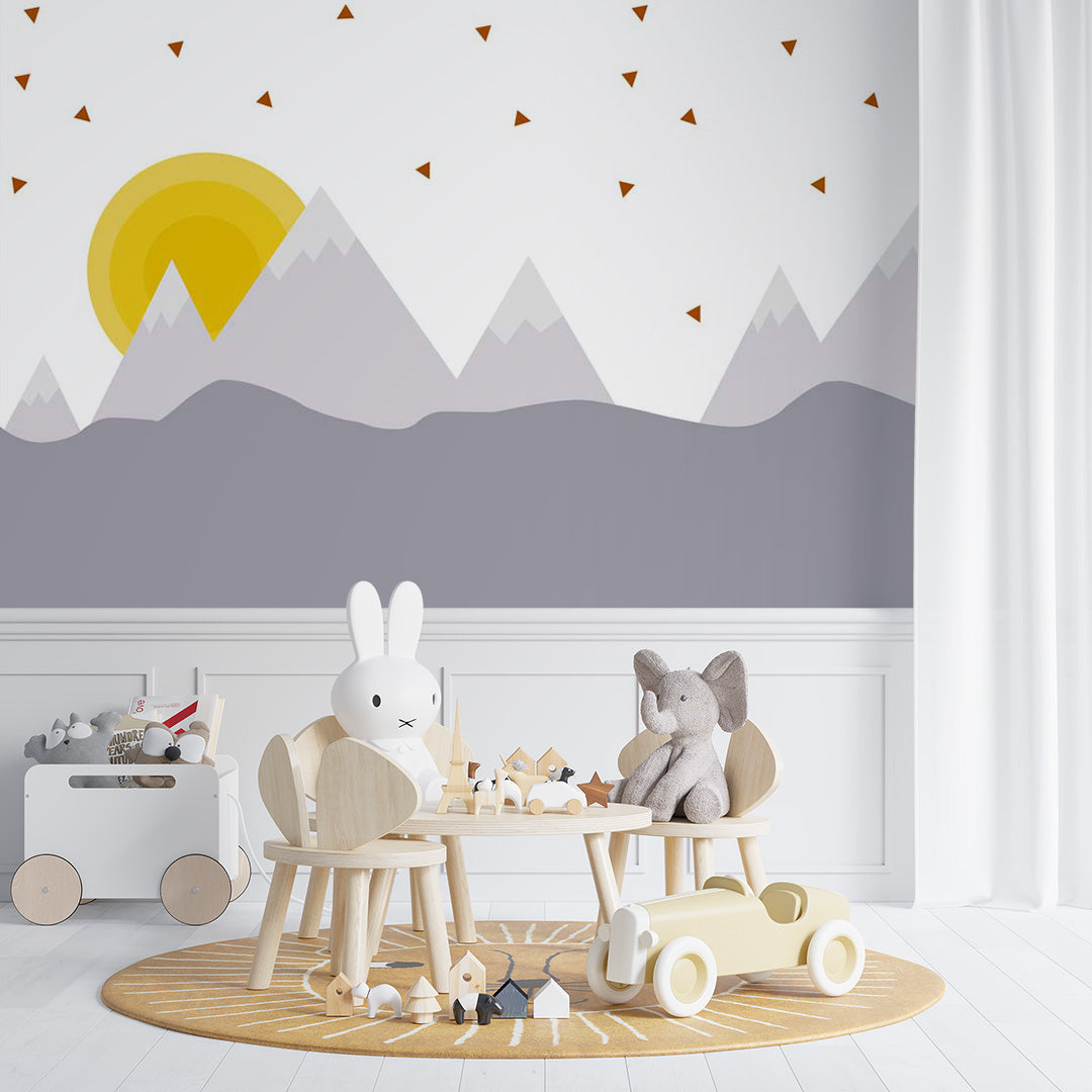 Kids Wall Murals Scandinavian Mountains Yellow Sun Geometric Wallpaper for Kids