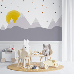 Custom Kids Wall Murals Scandinavian Mountains Yellow Sun Geometric Wallpaper for Kids