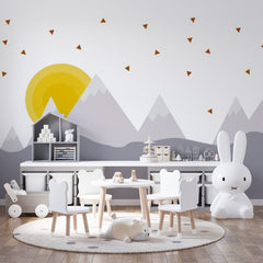 Custom Kids Wall Murals Scandinavian Mountains Yellow Sun Geometric Wallpaper for Kids