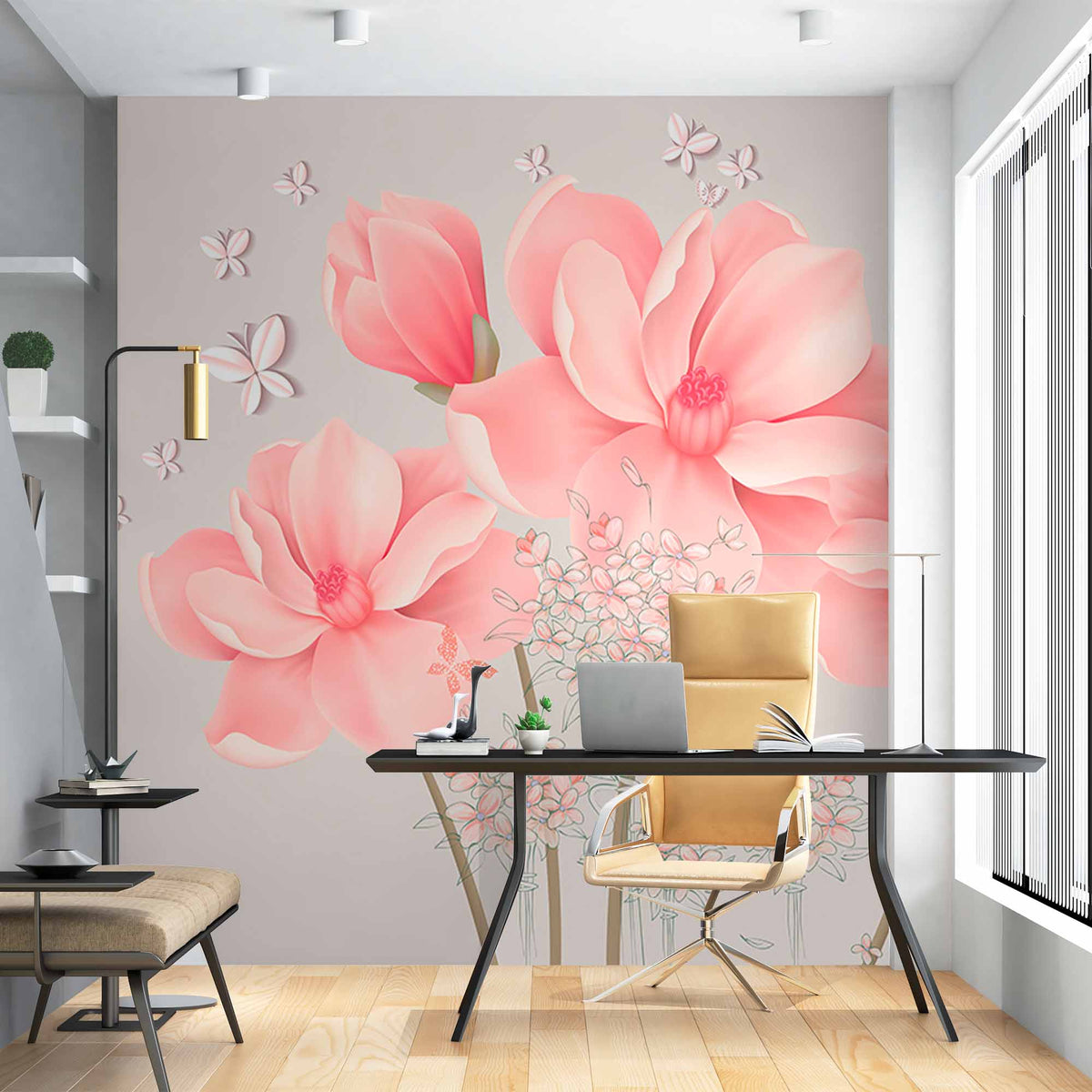 Custom Delicate Pink Flowers and Butterflies Wall Mural - Soft Floral Wallpaper for Tranquil Spaces