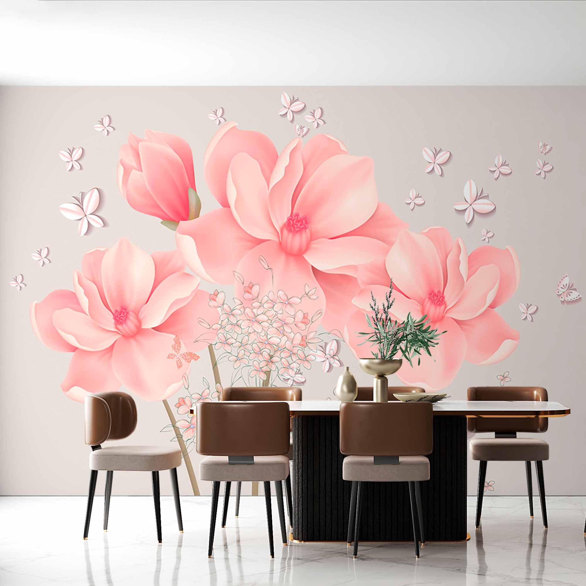 Delicate Pink Flowers and Butterflies Wall Mural - Soft Floral Wallpaper for Tranquil Spaces