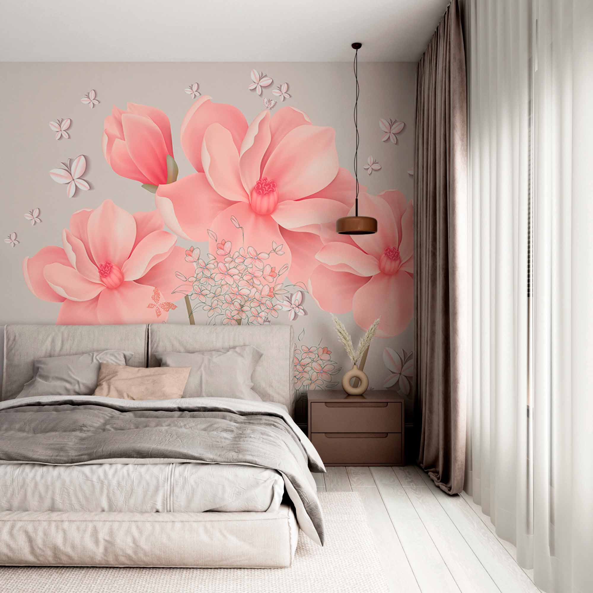 Delicate Pink Flowers and Butterflies Wall Mural - Soft Floral Wallpaper for Tranquil Spaces