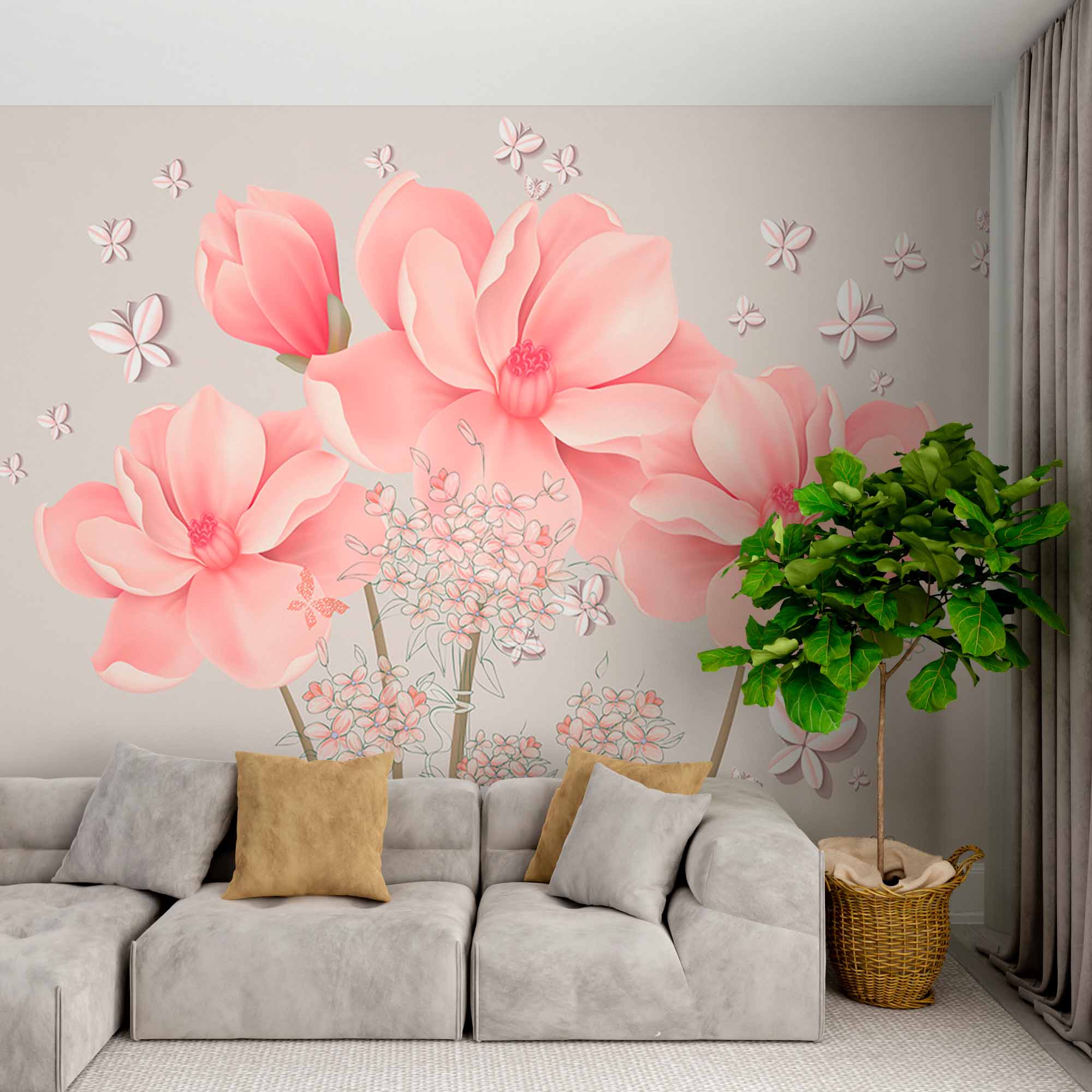 Delicate Pink Flowers and Butterflies Wall Mural - Soft Floral Wallpaper for Tranquil Spaces