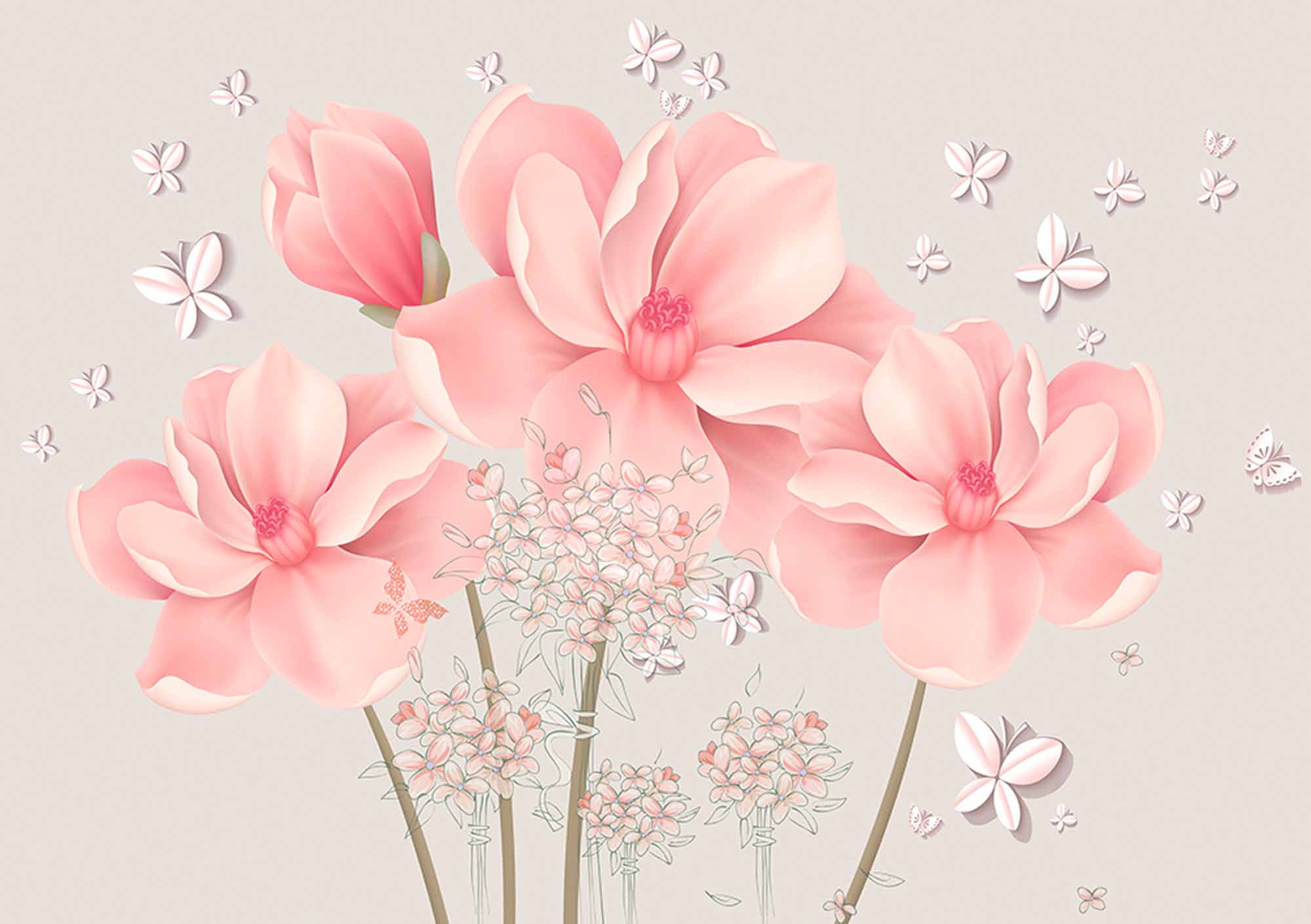 Delicate Pink Flowers and Butterflies Wall Mural - Soft Floral Wallpaper for Tranquil Spaces