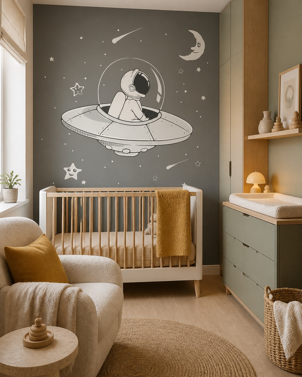 Astronaut in a flying saucer space wall mural in a modern nursery with a crib.