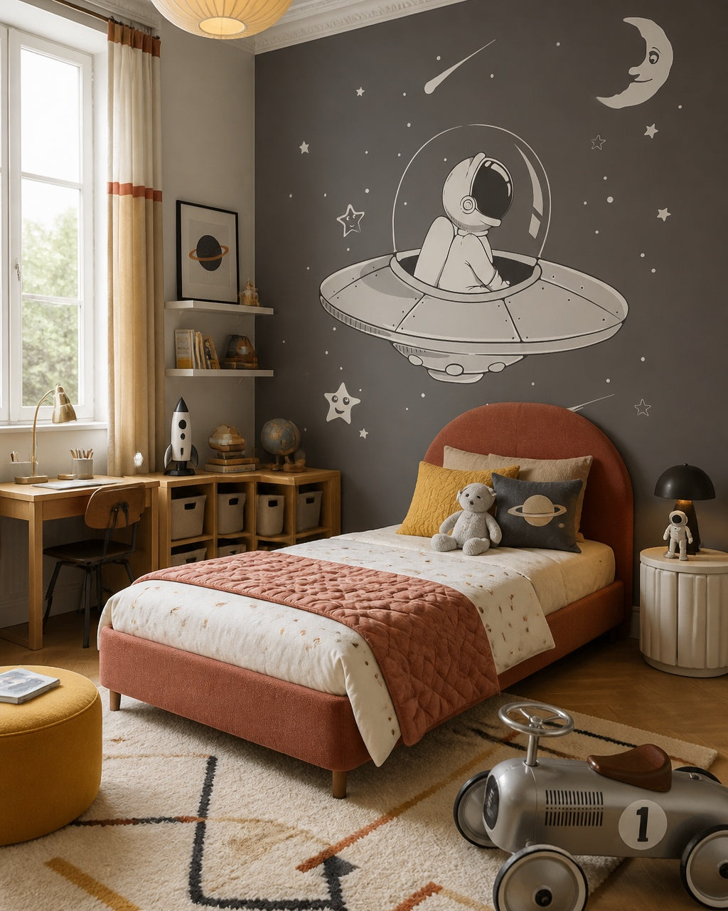 Astronaut in a flying saucer space wall mural in a boy’s bedroom.