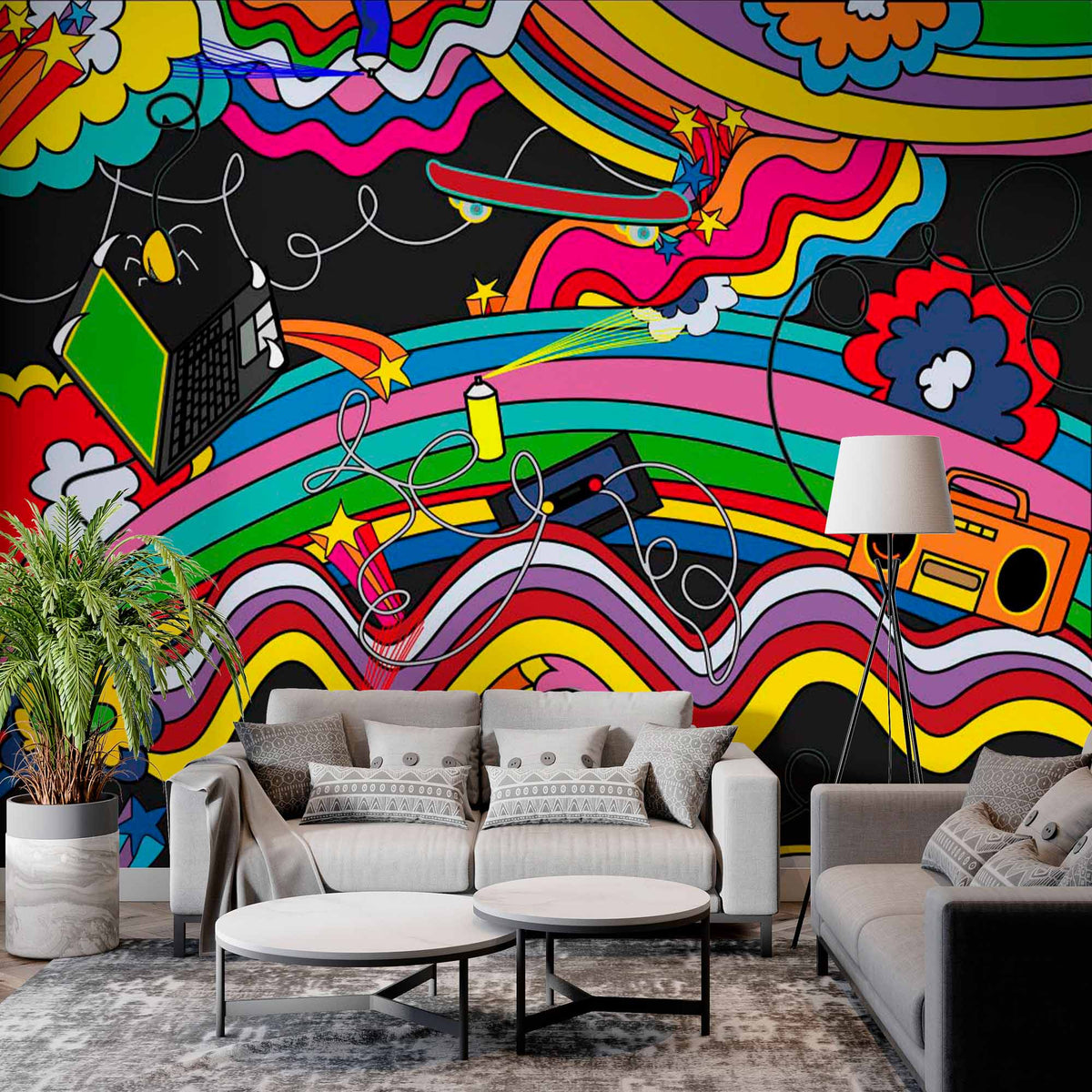 Colorful Pop Art Mural with Laptop, Headphones, and Flowers Dark Wallpaper