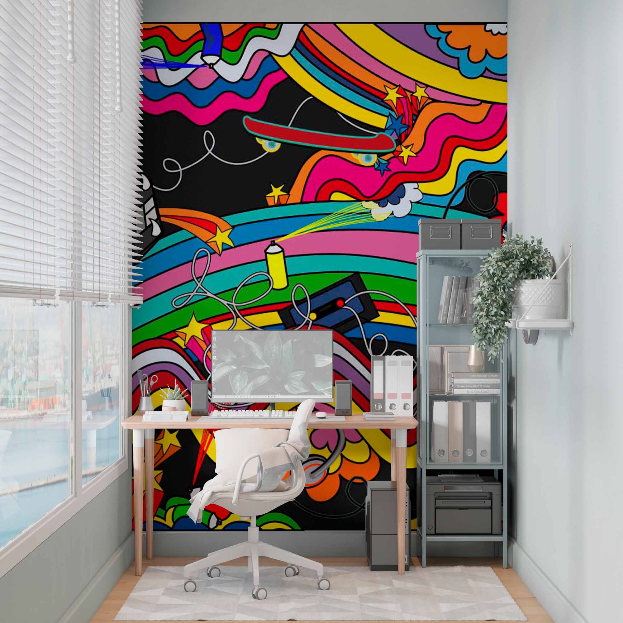 Colorful Pop Art Mural with Laptop, Headphones, and Flowers Dark Wallpaper