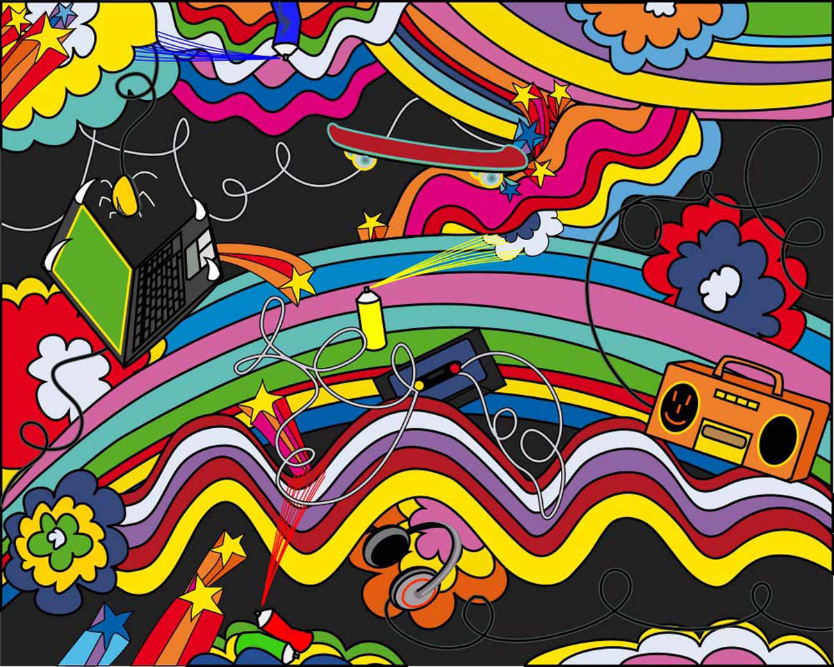 Fototapete Pop-Art-Regenbogen – Bunte Retro-Doodles auf Schwarz