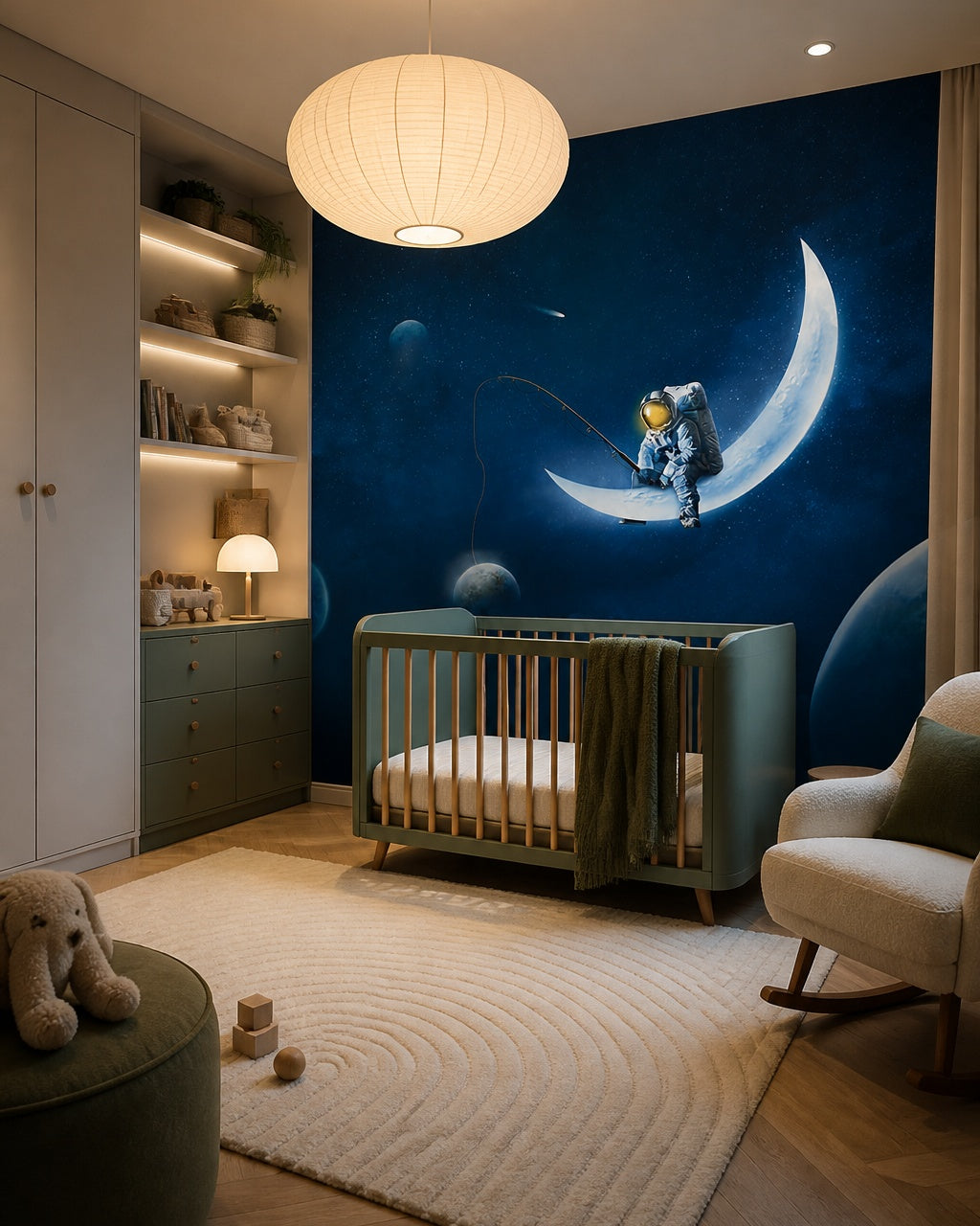 Astronaut fishing on the moon wallpaper in a modern nursery with a crib.
