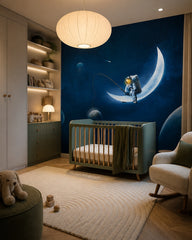 Astronaut fishing on the moon wallpaper in a modern nursery with a crib.