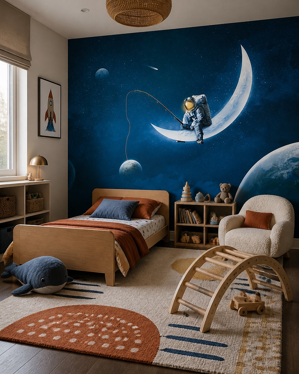 Astronaut fishing on the moon wallpaper in a toddler bedroom with a child-sized bed.