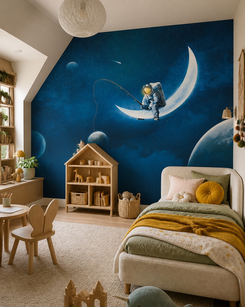 Astronaut fishing on the moon wallpaper in a girl’s bedroom.