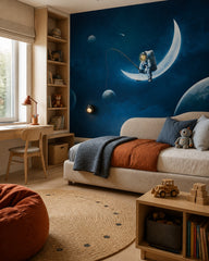 Astronaut fishing on the moon wallpaper in a boy’s bedroom.