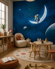 Astronaut fishing on the moon wallpaper in a children’s playroom.