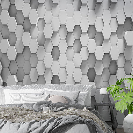 Custom Modern 3D Hexagonal Pattern Wall Mural - Contemporary White Geometric Wallpaper