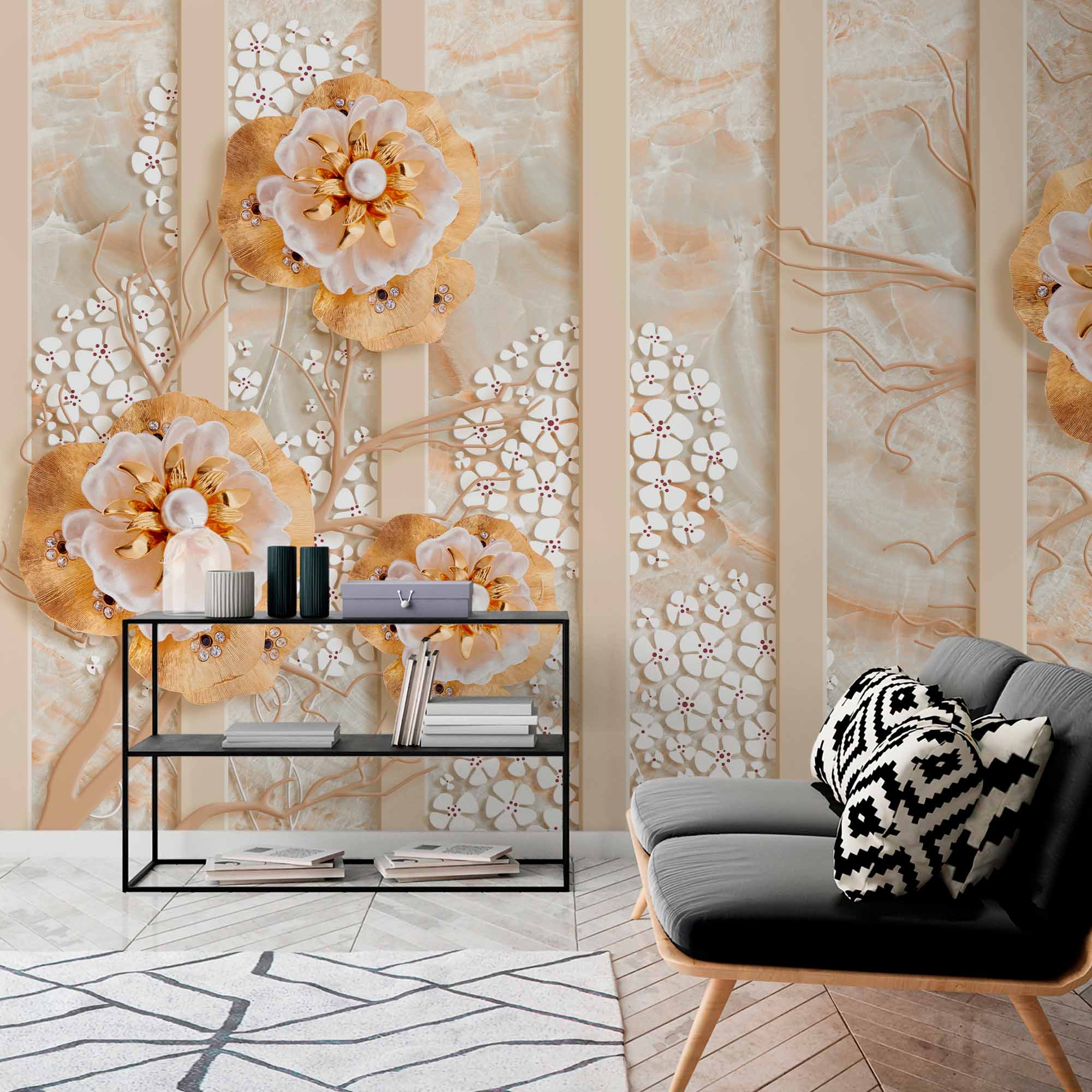 3D Golden Flower Art Wallpaper Mural