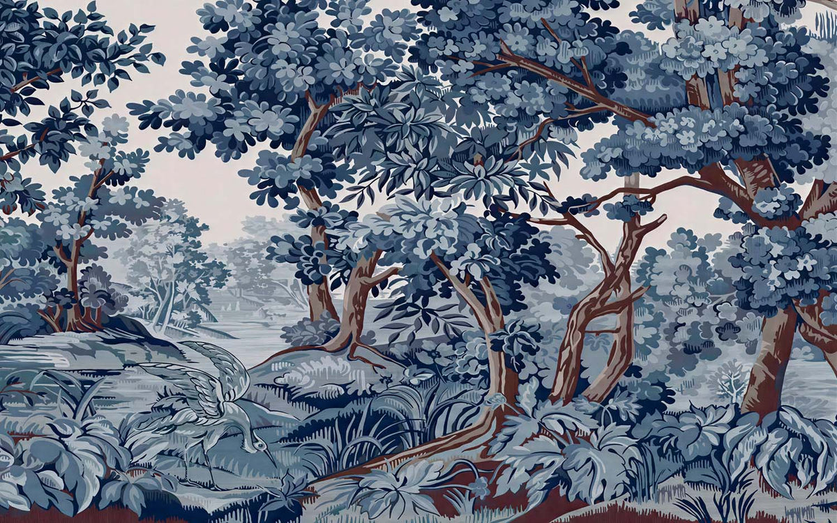 Papier peint tapisserie de forêt bleue – Panoramique arbres verdure vintage