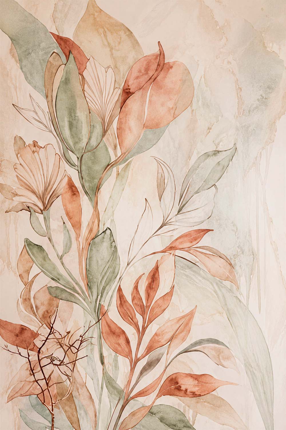Tapete Aquarellblätter – Botanisches Wandbild in Terrakotta und Salbei
