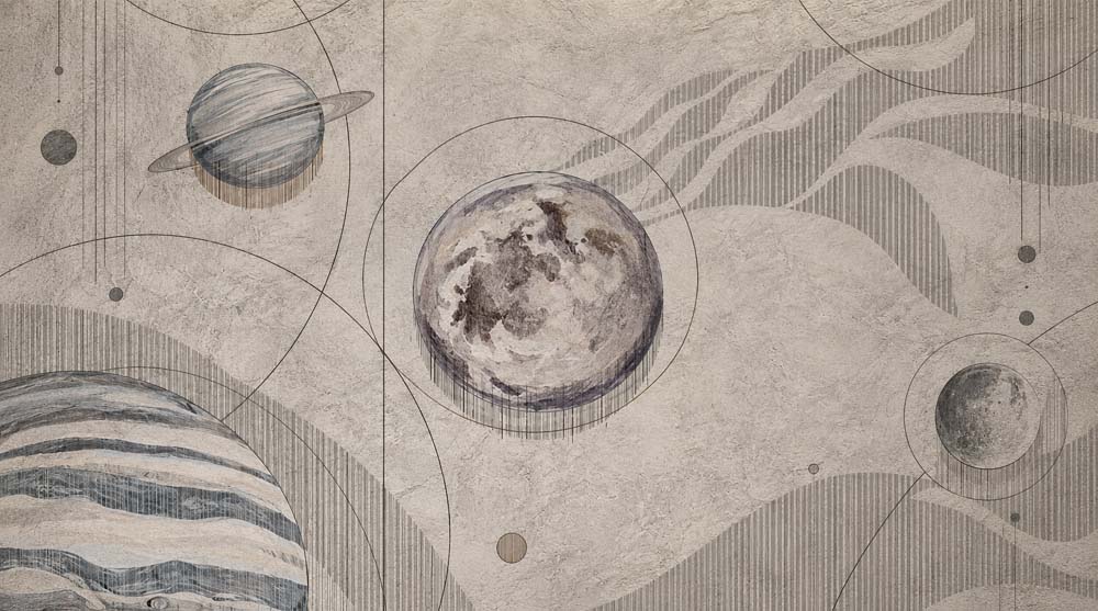 Papier peint planètes abstraites – Panoramique moderne lune grise et vagues