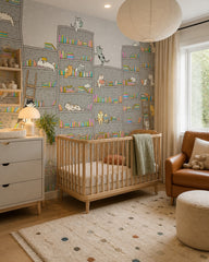 Bookshelf cats wallpaper in a modern nursery with a crib.