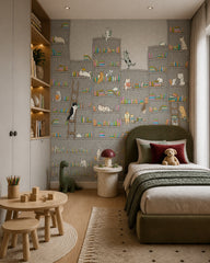 Bookshelf cats wallpaper in a toddler bedroom with a child-sized bed.