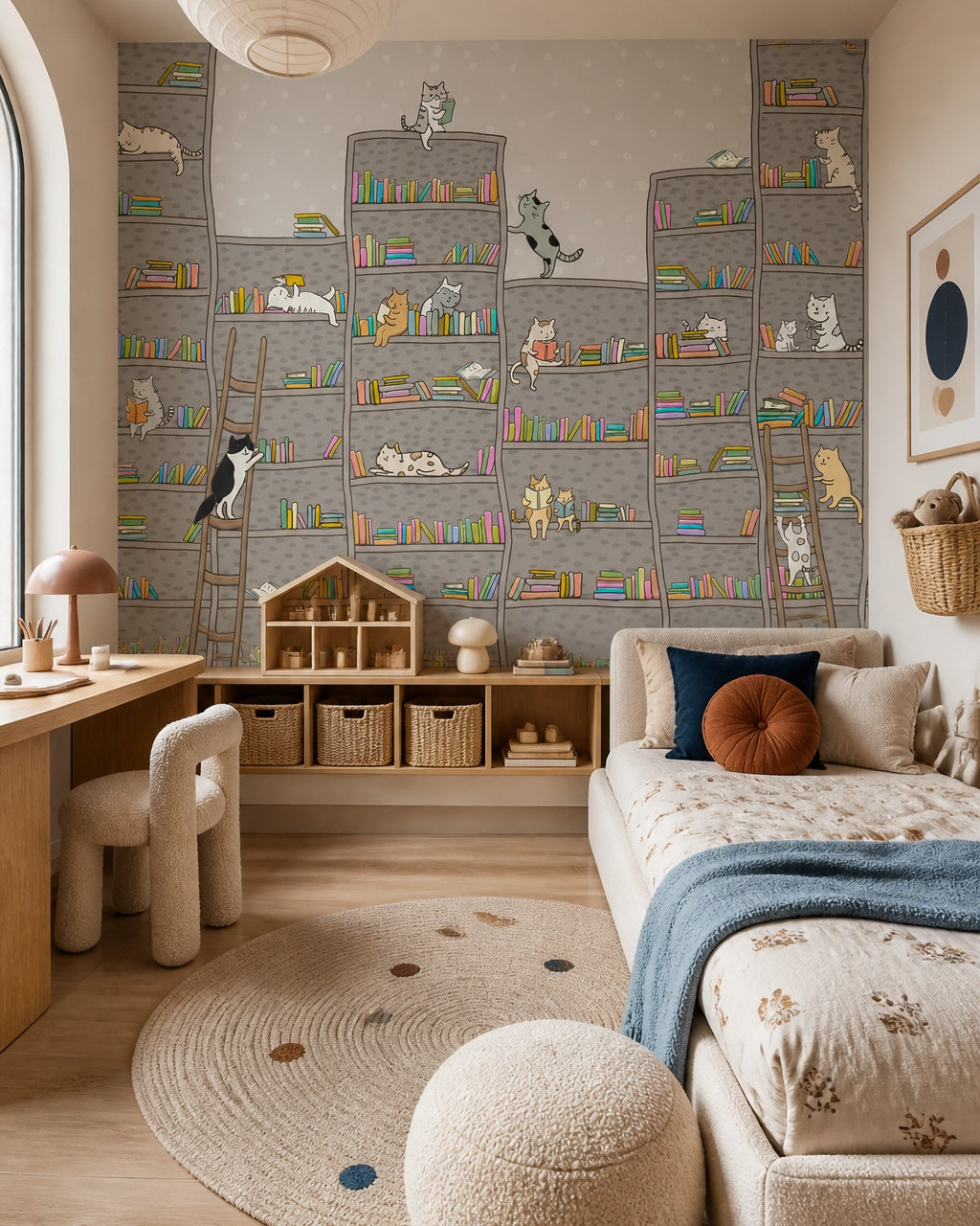 Bookshelf cats wallpaper in a girl’s bedroom.
