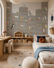 Bookshelf cats wallpaper in a girl’s bedroom.