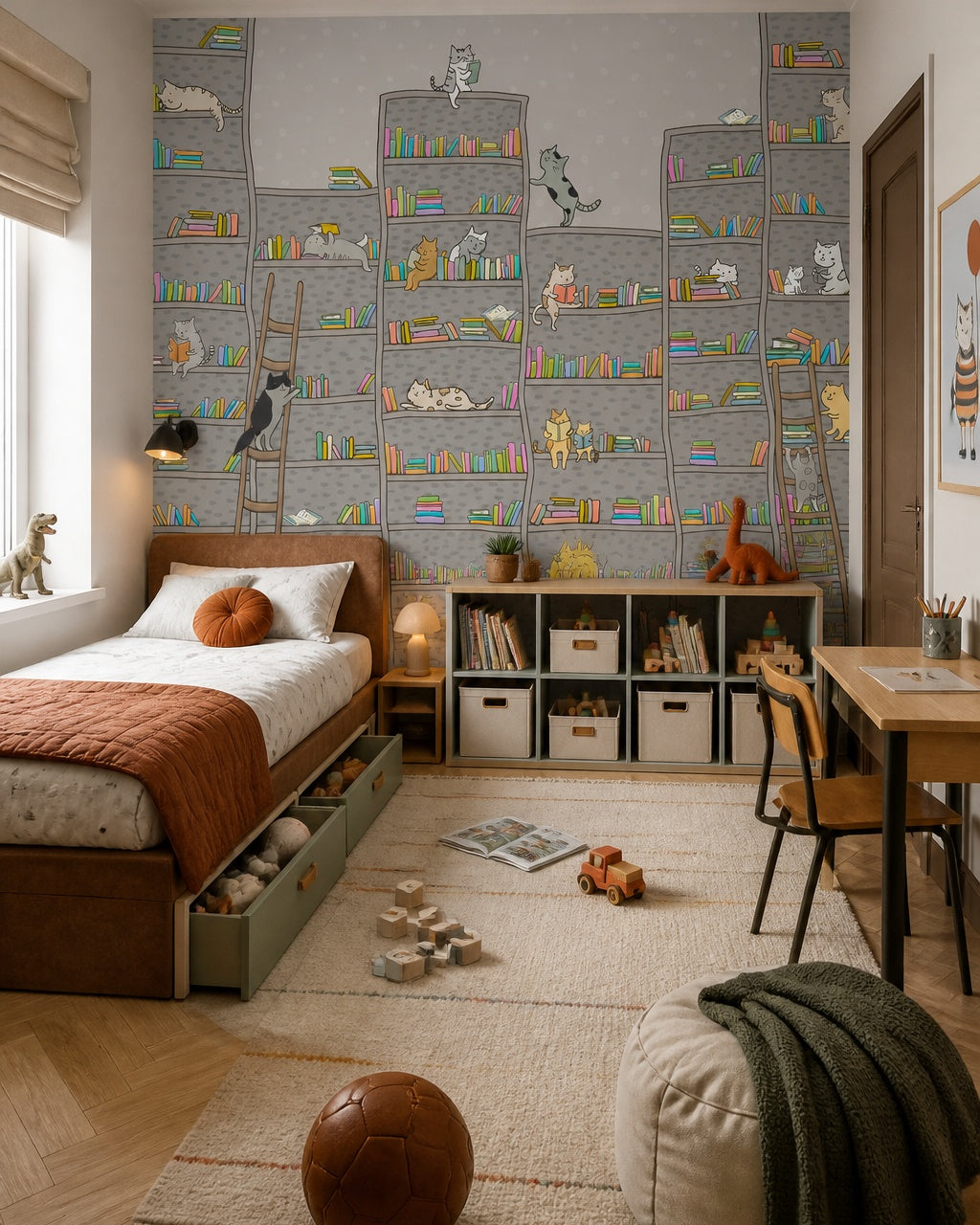 Bookshelf cats wallpaper in a boy’s bedroom.
